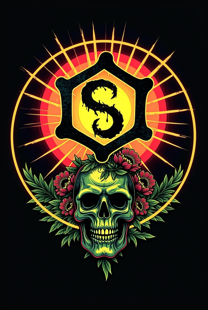 Logo elements :(skull, sun, flores, etc.) Typography:"Sool Urban".
Logo circular: A syu in bone-shaped letter, intertwined and stylized in the center, with rays extending outward. On the bottom, una skull animada con detalles florales, symbolizing transformation and renewal. The predominant colors would be reddish orange., yellow and black, Very phosphorescent with touches of bright green to represent nature. La Typography sería una sans-serif moderna en forma de hueso y audaz para el nombre "Sool Urban".