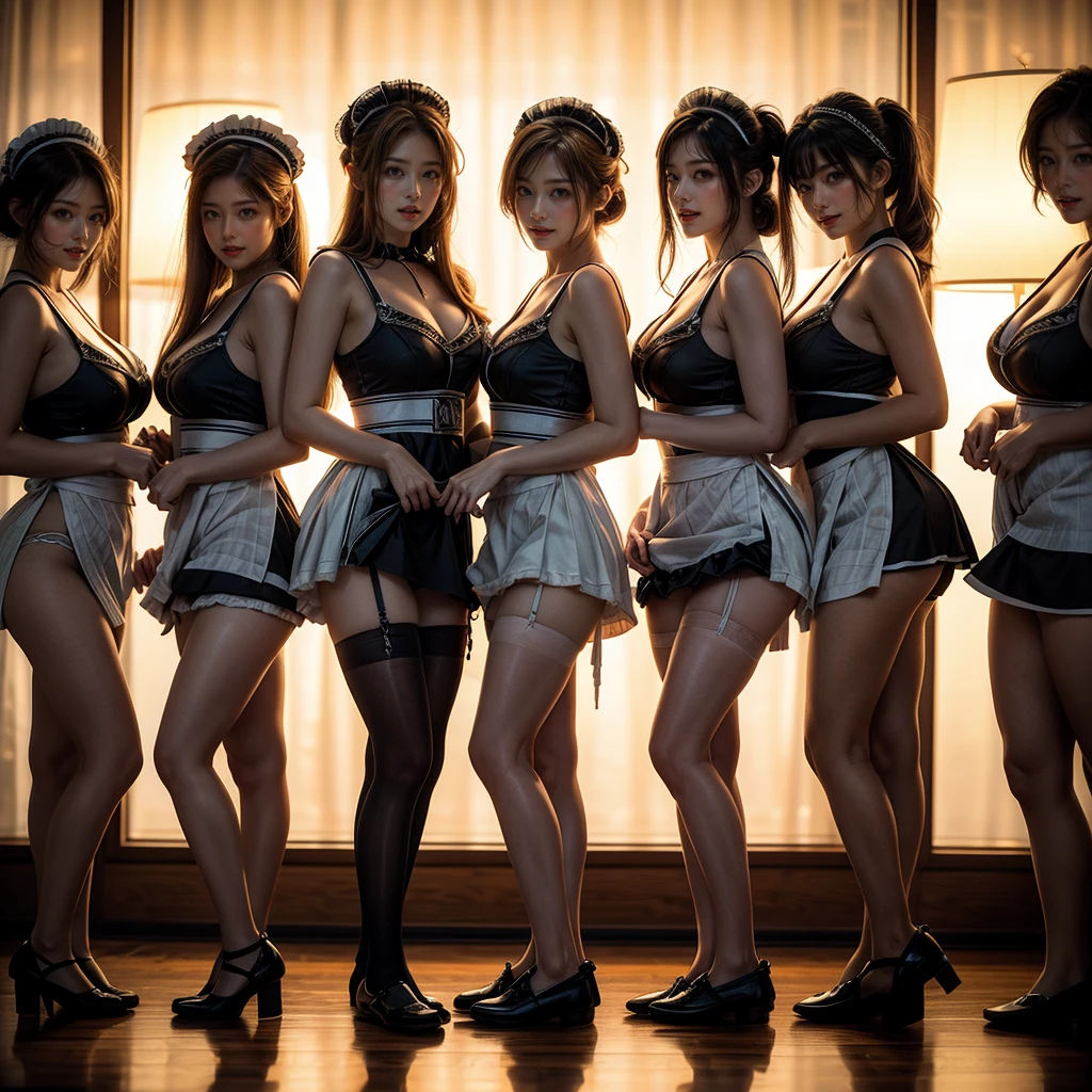 (Full Body of Extremely Detailed((Sexy Maid Group in a row:1.37))), KAWAII perfect face, Reflective Eyes, Detailed(Delicate Clothing textures), Correct Leg Line, Dynamic Joyful Expressions LifeLike Rendering, Specular Reflection, TopQuality 8K Ultra-detailed masterpiece (ProfessionalPhoto:1.37), (Acutance:0.8), (Luminism:1.28), (Renaissance art style), Colorful Light particles, ((Full body from side)), {MicroMini Skirt|Kissing|Breast Lifting|Undressing|Thigh Gap|AssFocus}, Radiant Fine Skin with Transparency, (Exposed:0.4), (Different types of Anime hair color){Pink Hair|Cyan Hair|White Hair}, Perfect Lighting 