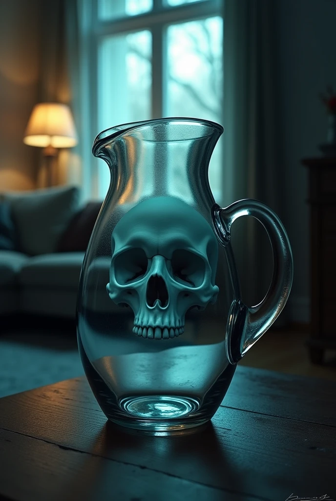A reflection of a skull on a glass pitcher on a living room table, nightmare 