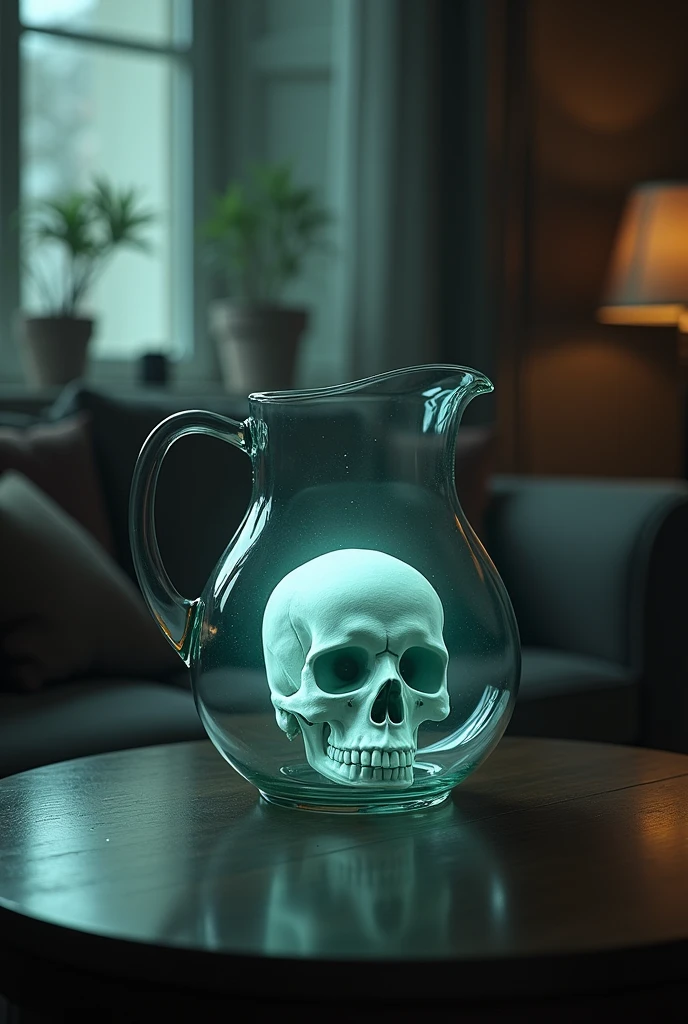A reflection of a skull on a glass pitcher on a living room table, nightmare