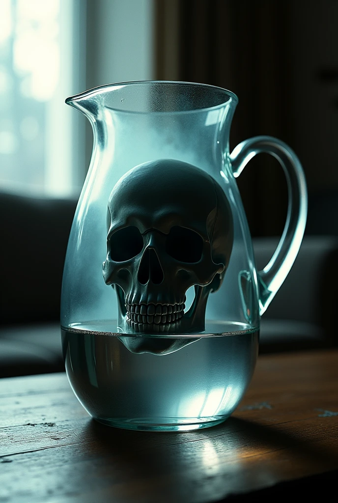A reflection of a skull on a glass pitcher on a living room table, nightmare