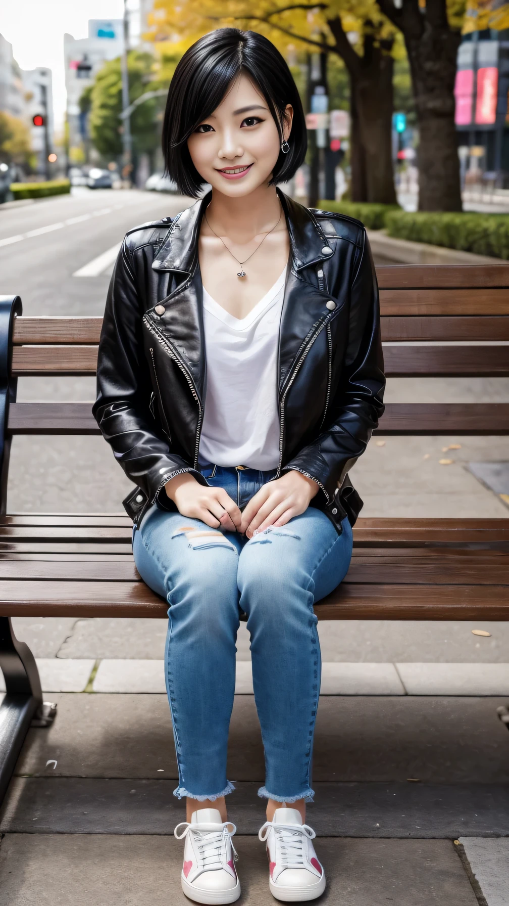Super Resolution、Beautiful Japanese Women、Full body photo、sitting on a park bench、Black hair short cut、、ear piercing、necklace、leather jacket、shirt、Skinny jeans、sneakers、Closed mouth smile、
