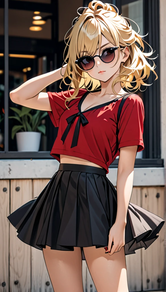 Beautiful and blond, messy styled hair, black ribbon, red top, beautiful skirts, looking fancy, sunglasses, cool posture