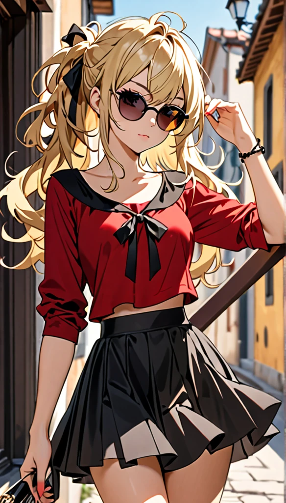 Beautiful and blond, messy styled hair, black ribbon, red top, beautiful skirts, looking fancy, sunglasses, cool posture 