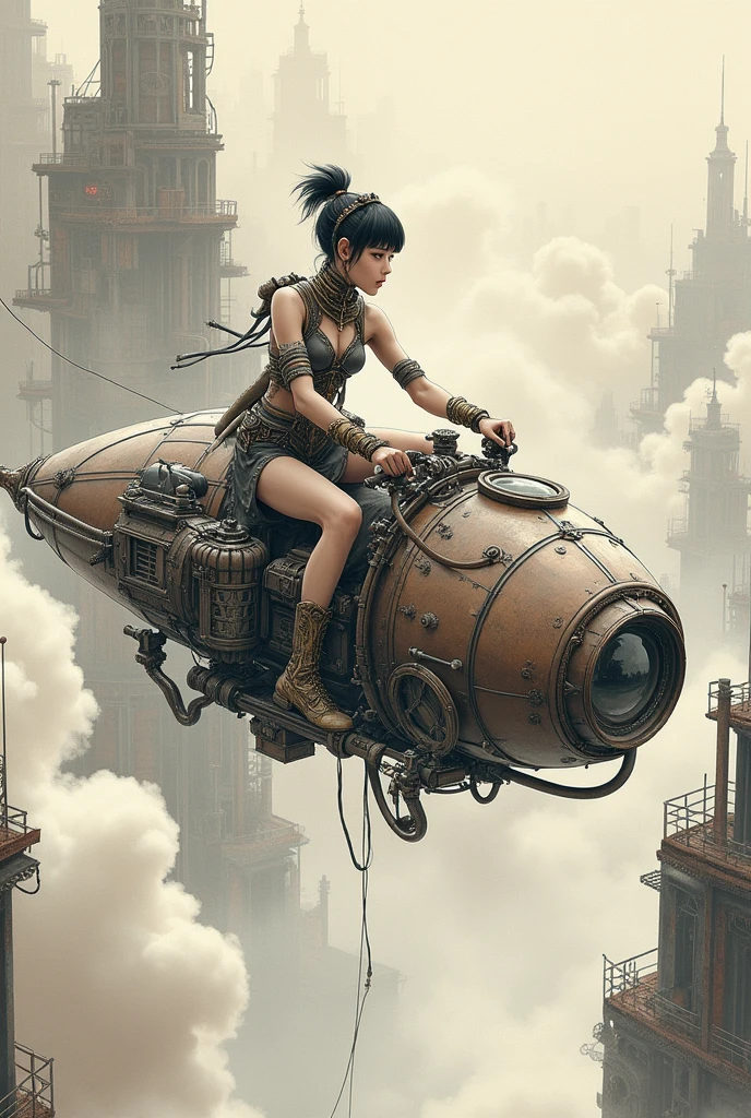 Chinese ink style，Steampunk World，Steampunk flying machine girl，Float in the air of the city，Thick Clouds，inkアニメーションアート，inkコミックアート，water ink，ink，Dirt，8k，delicately painted，Masterpieces，