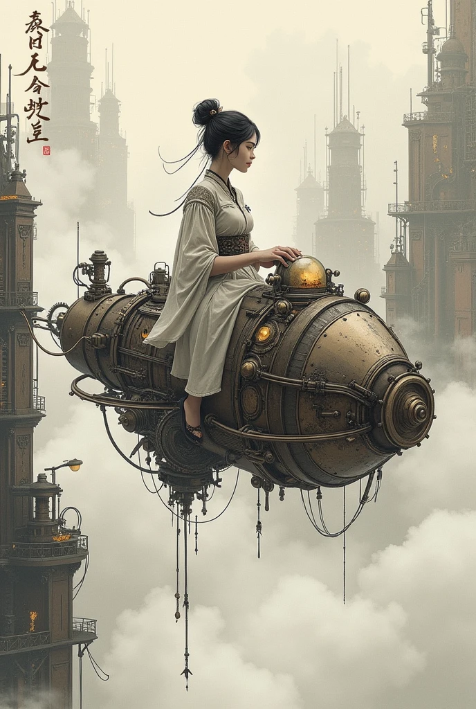 Chinese ink style,Steampunk World,Steampunk flying machine girl,Float in the air of the city,Thick Clouds,inkアニメーションアート,inkコミックアート,water ink,ink,Dirt,8k,delicately painted,Masterpieces,
