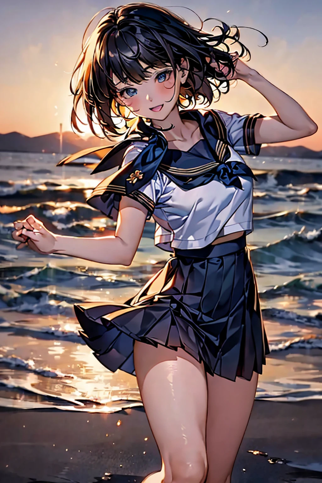 Browsing Caution,​(Highest quality, 8k, masterpiece:1.3,beautiful girl), (Very detailed)Glowing Skin,(((Woman 1))),((Short sleeve, cute navy sailor suit, Navy Pleated Skirt, Navy sailor collar, Blue Sailor Scarf, socks, Brown Loafers)), (Perfect Anatomy, Anatomically correct, Very detailed肌),((Golden Eyes)),((Perfect Fingers,Five Fingers)),((Black Hair,Bobcut,)),Natural Makeup,Smile in full bloom、Rear View、cheeks turn a little red,Seaside、sunset、Hair blowing in the wind、While stroking my hair,Laugh with your mouth wide open,turn around,wave hands,