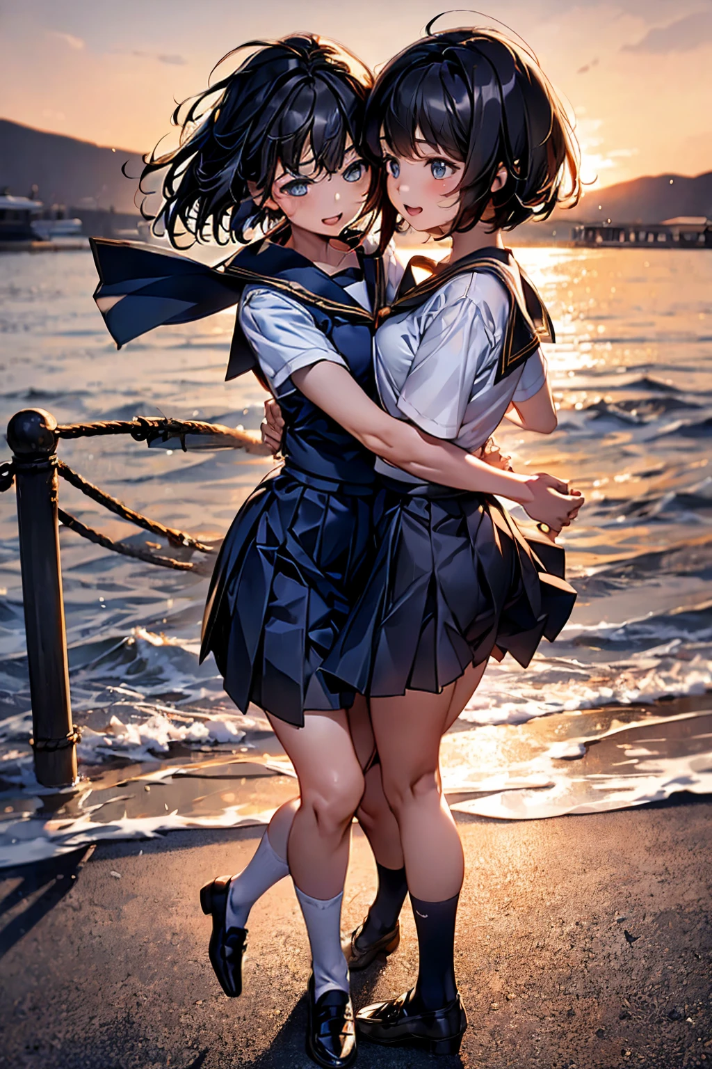 Browsing Caution,​(Highest quality, 8k, masterpiece:1.3,beautiful girl), (Very detailed)Glowing Skin,(((Woman 1))),((Short sleeve, cute navy sailor suit, Navy Pleated Skirt, Navy sailor collar, Blue Sailor Scarf, socks, Brown Loafers)), (Perfect Anatomy, Anatomically correct, Very detailed肌),((Golden Eyes)),((Perfect Fingers,Five Fingers)),((Black Hair,Bobcut,)),Natural Makeup,Smile in full bloom、Rear View、cheeks turn a little red,Seaside、sunset、Hair blowing in the wind、While stroking my hair,Laugh with your mouth wide open,turn around,wave hands,