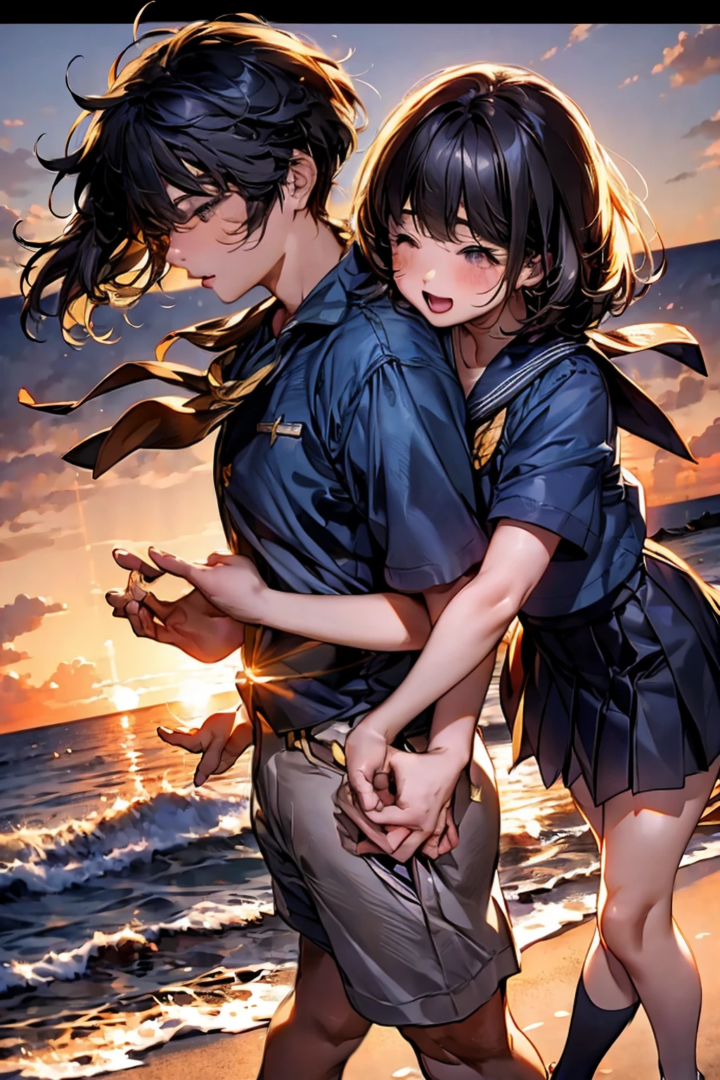 Browsing Caution,(Highest quality, 8k, masterpiece:1.3,beautiful girl), (Very detailed)Glowing Skin,(((Woman 1))),((Short sleeve, cute navy sailor suit, Navy Pleated Skirt, Navy sailor collar, Blue Sailor Scarf, socks, Brown Loafers)), (Perfect Anatomy, Anatomically correct, Very detailed肌),((Golden Eyes)),((Perfect Fingers,Five Fingers)),((Black Hair,Bobcut,)),Natural Makeup,Smile in full bloom、Rear View、cheeks turn a little red,Seaside、sunset、Hair blowing in the wind、While stroking my hair,Laugh with your mouth wide open,turn around,wave hands,
