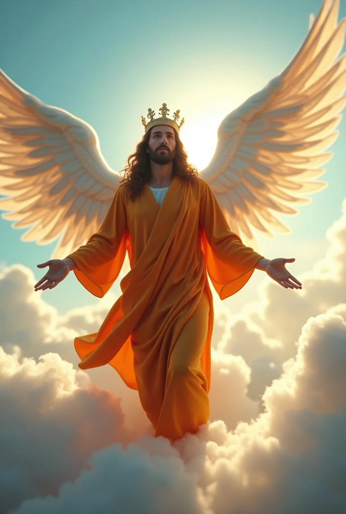 (photorealism:1.2), handsome Jesus Christ, floating in the sky with bigger white wing behind, wearing the king orange clothes and crown in the clouds of heaven, elegant king clothes, long nice hair, outdoors, soft lighting, clouds and blue sky in a background, five fingers, two hands, brighter sunlight, perfect face of Jesus Christ, relaxed pose, realistic, intricate details, warm colors,