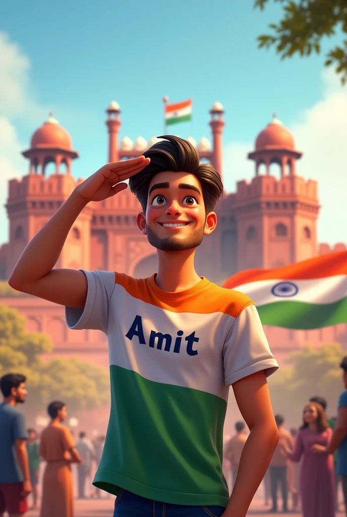 Make a 19 year's handsome  stylish  animated 
Men  character who's name is Amit" and he celebrate independence day in red fort and  he salute to indian flag  write  the name Amit,, on his t shirt