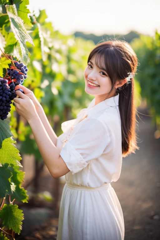 Vineyard、Large grape fruits、Bunches of grapes、Grape leaves、Decorative、Art Nouveau、Medieval Europe、French linen white shirt、Roll up your sleeves、Smile a little、masutepiece、Highest quality、8k、One person、20-year-old、whole body、solo、Delicate、Neat and clean beauty、Raw Photos、Professional photos、Portrait、Soft Light、Professional Lighting、Backlight、I look forward to seeing you、Sophisticated、Film Grain、(detailed:1.0's eyes and face)、Medium length floating hair、Beautiful flowing hair