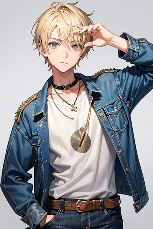 16 year old boy, blonde hair short on the sides and pointed up, gray eyes, denim jacket, blue shirt with music print, blue jeans, slim build, black belt, necklace with gold cross, looking directly at viewer, white background .