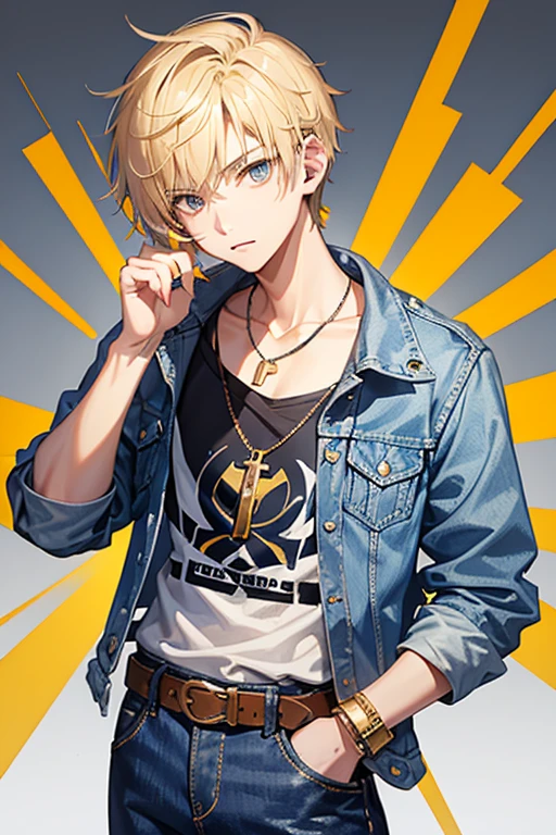 16 year old boy, blonde hair short on the sides and pointed up, gray eyes, denim jacket, blue shirt with music print, blue jeans, slim build, black belt, necklace with gold cross, looking directly at viewer, white background .