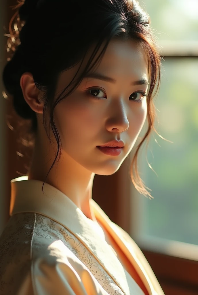 An elegantly dressed Japanese woman in natural light、A close-up of her chest and calm expression.、It shows her inner peace and outer charm.。