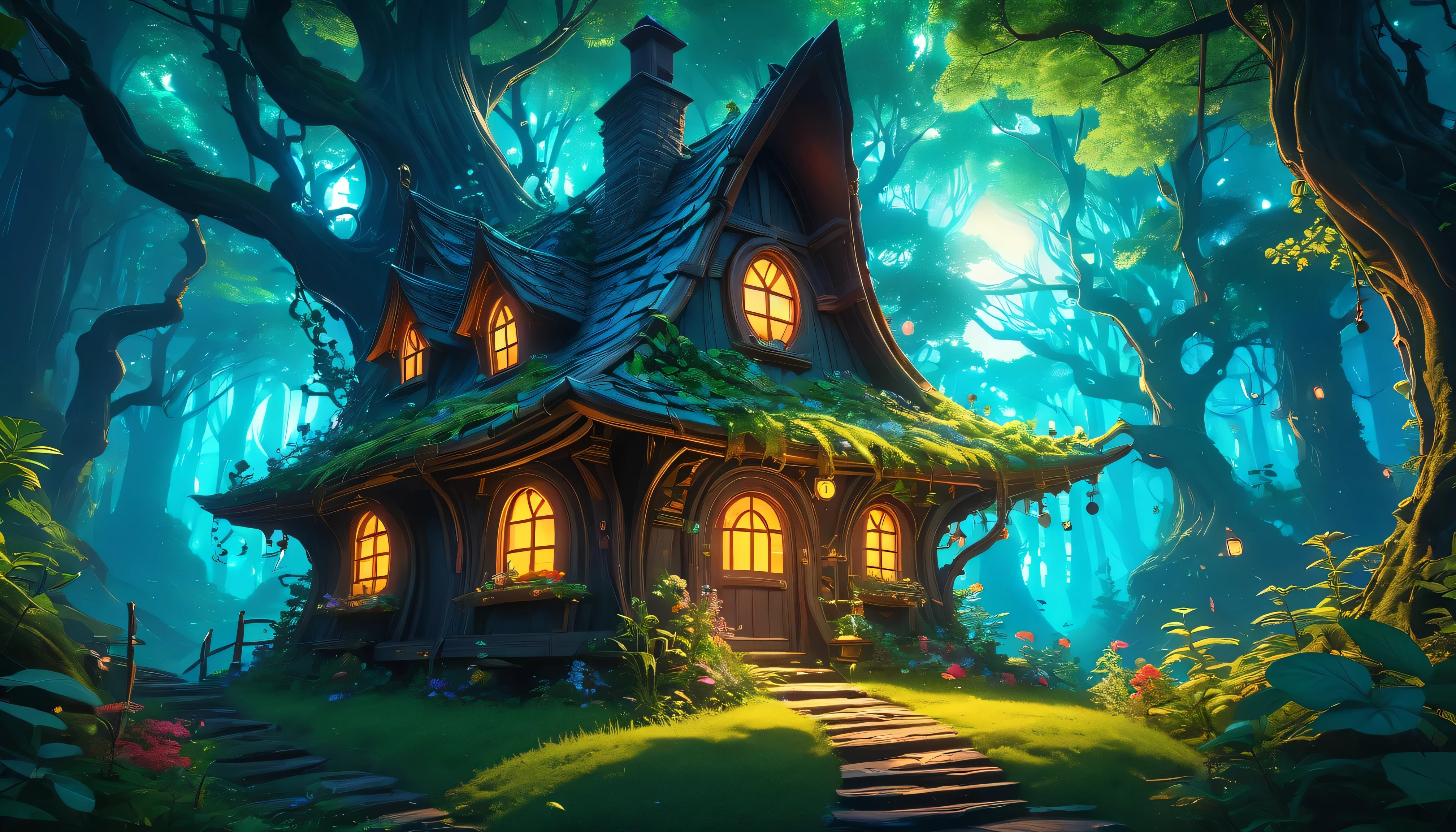 (anime, fantasy, witch house), (detailed CG unity 8k wallpaper, masterpiece, best quality, hyperdetailed, HDR:1.2), vibrant colors, A sole small witch house in an enchanted bioluminescent forest, {unique shape}, {wonky house}, {cartoon style}. magical forest, enchanted, beautiful, ethereal lighting, lens flare