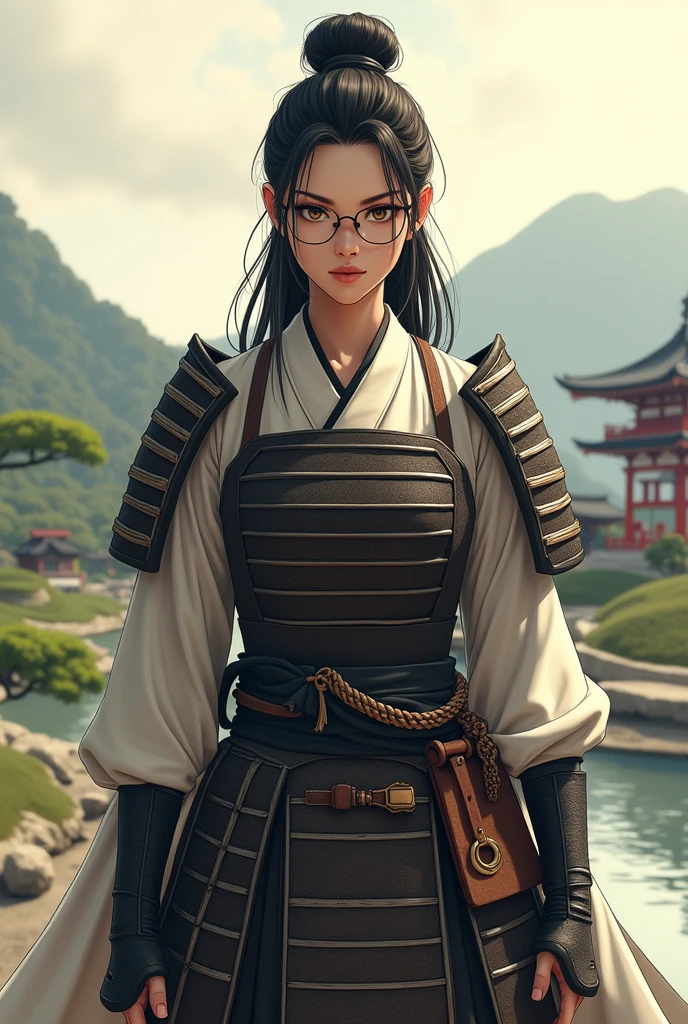 Woman in samurai costume with glasses