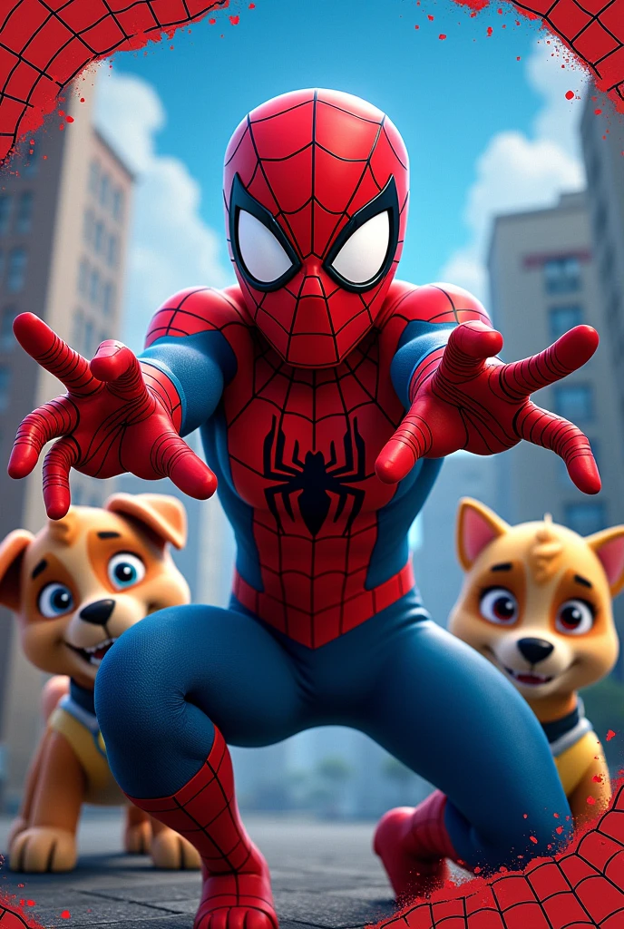 Spider-Man themed party invitation, and the paw patrol dinosaurs in the background