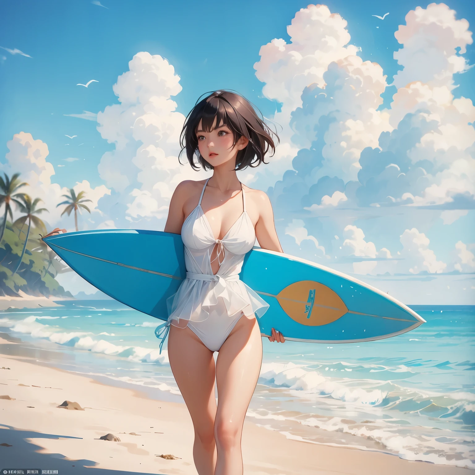 One beautiful woman、(walking along the beach with a surfboard)、(Draw the exact shape of a surfboard)、Swimsuit、Short black hair、Beautiful sea、Blue sky and white clouds、 Detailed Description、(Highest quality, masterpiece, High resolution)、8k、wallpaper、