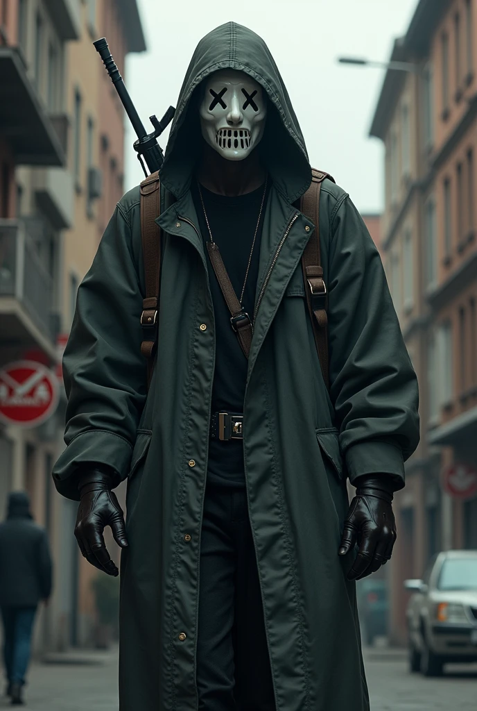 create a young man who is tall, usa mascara, Use a wide bag or large clothing to store weapons, You have to wear a mask, it&#39;s important, The mask should be made of plastic with a design that does not have a face, only two x&#39;s as eyes