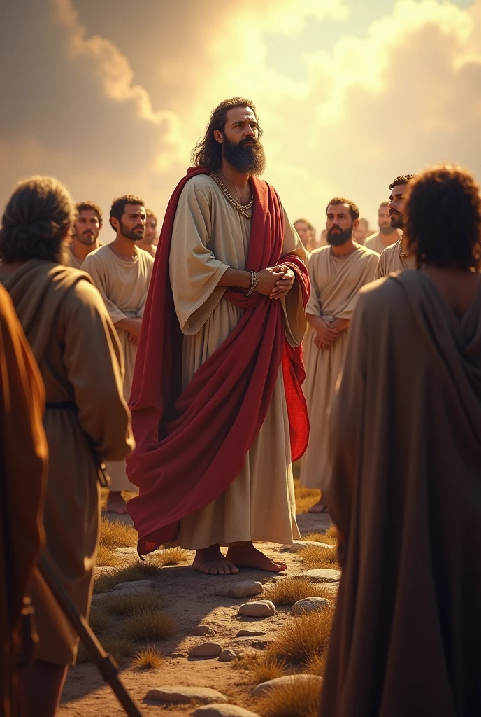 hyper realistic image of the prophet Elijah on Mount Carmel worshiping God with the Israelite people around him
