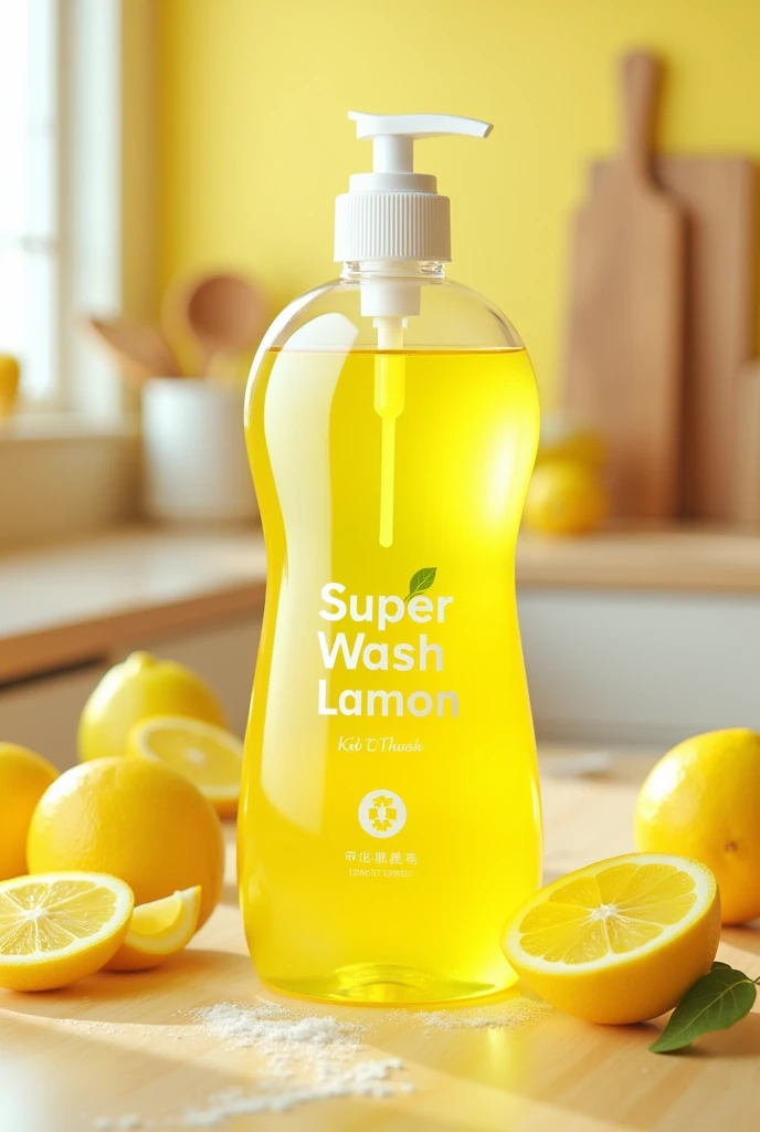Super wash lamon DISHWASH logo on yellow transparent color bottle Lamon background kitchen background