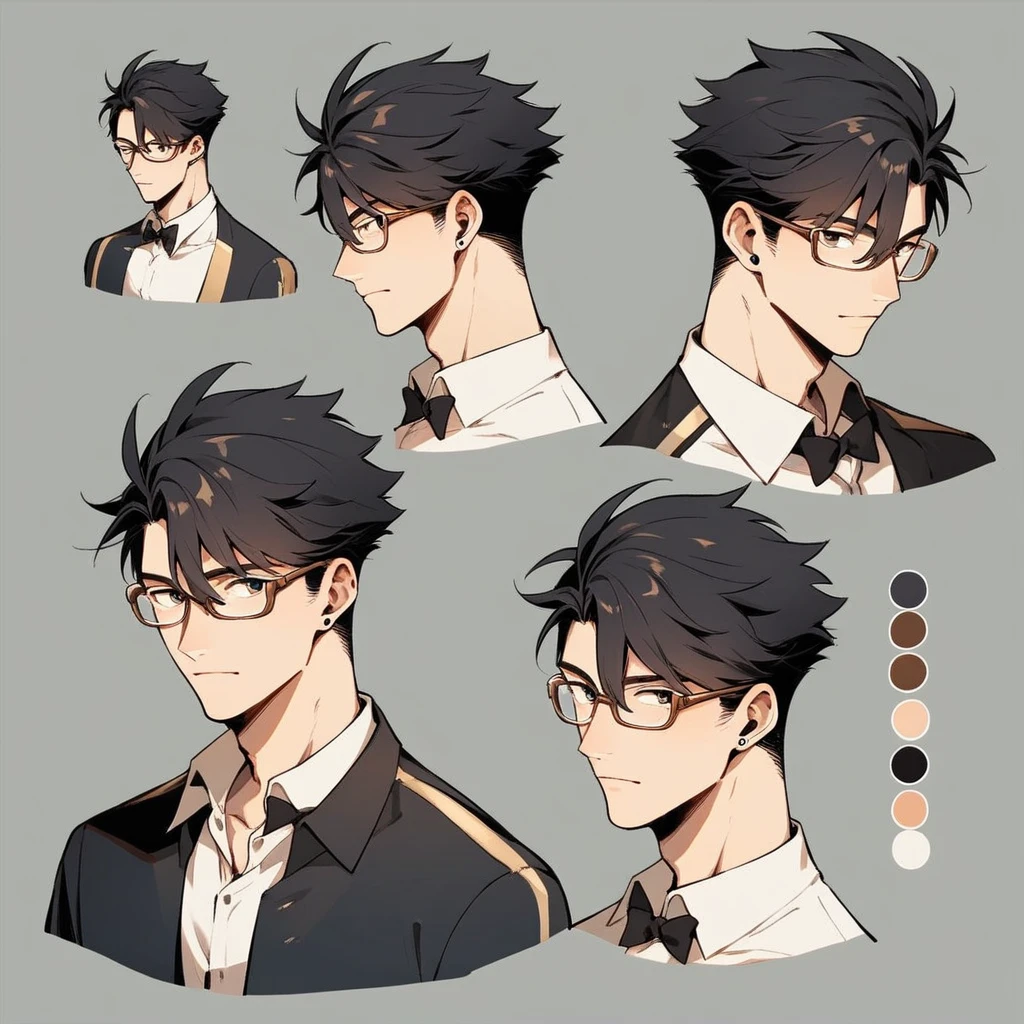 1 boy, short black hair, thin depolaroid glasses, Tokyo Revengers style, whole body, reference sheet, character sheet, many expressions