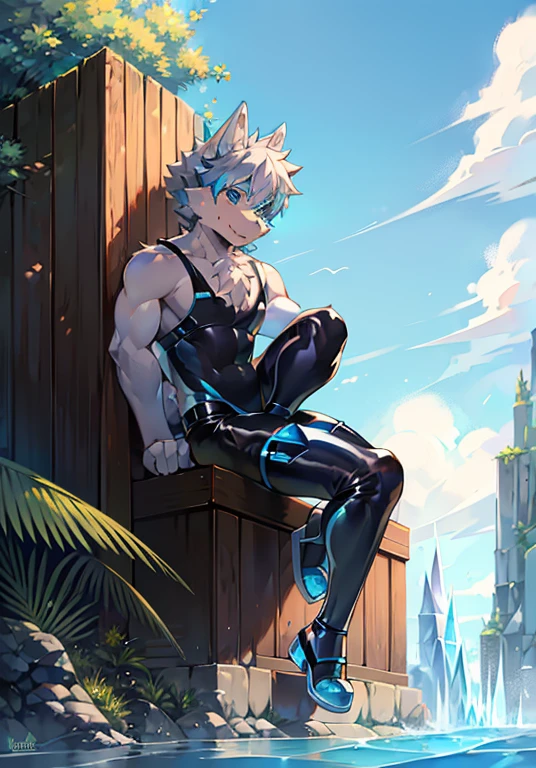 Furry,wolf boy,White fur,crystal blue eyes,Single fluffy tail,greyt hair,short detailed hair,summer day,dive,Wear diving goggles,masculine features,Squat,asshole,bulge,Sexy latex swimsuit,Sexy pose,Posture of seduction
