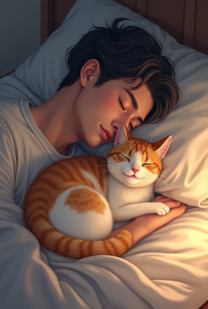 A cat resting on the chest of a man sleeping in bed
