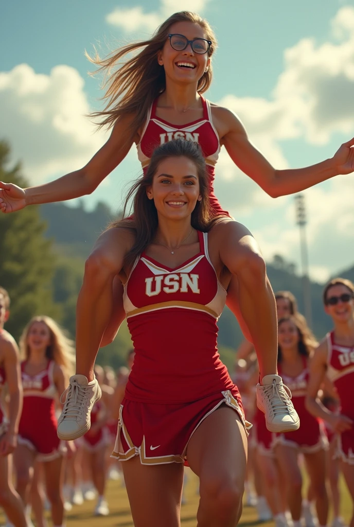 Gorgeous atheltic female cheerleader carrying a skinny male nerd on her shoulders.