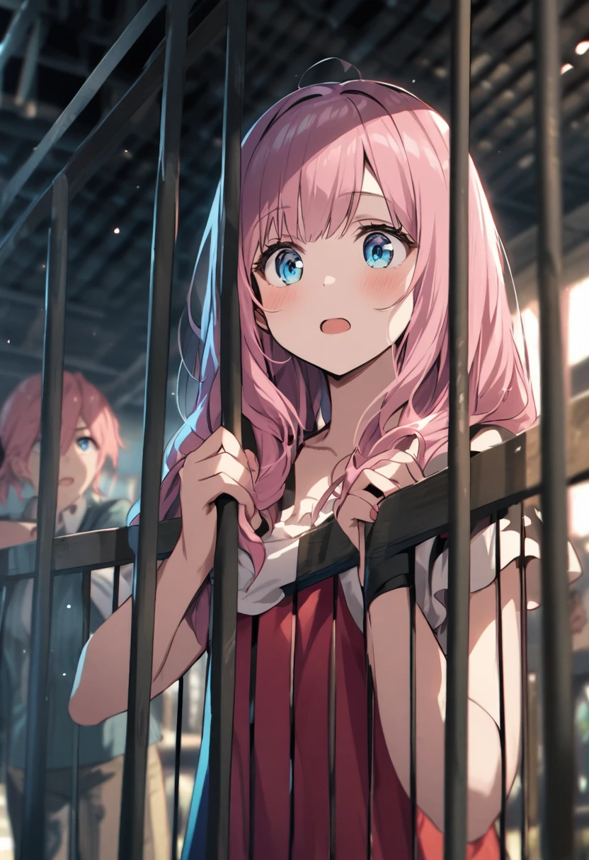 cage、fence、Girl with pink hair、blue eyes、Twin Drill、A scene from a movie