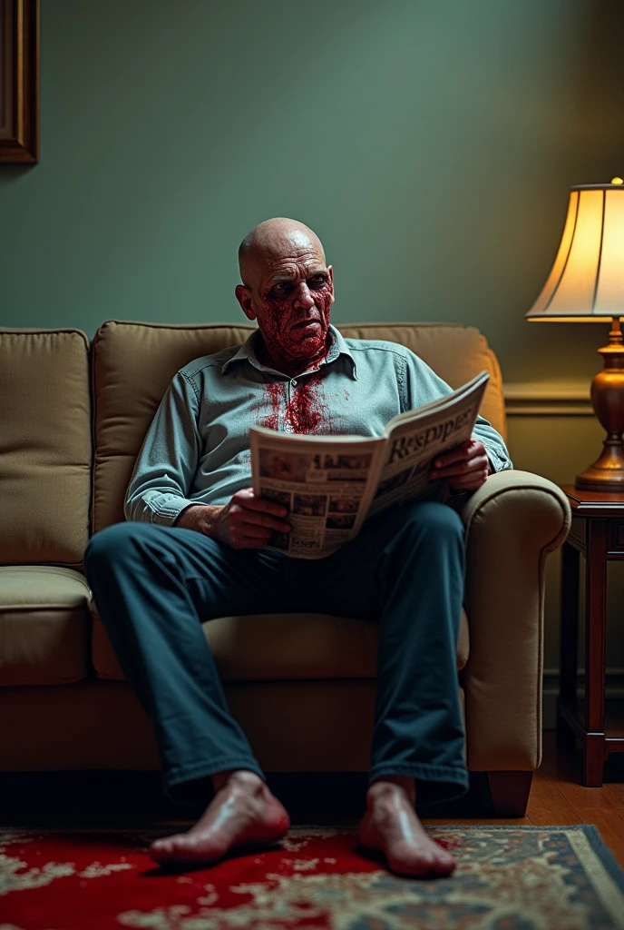 A bloody dead man sitting on a living room couch reading a newspaper, gore, nightmare