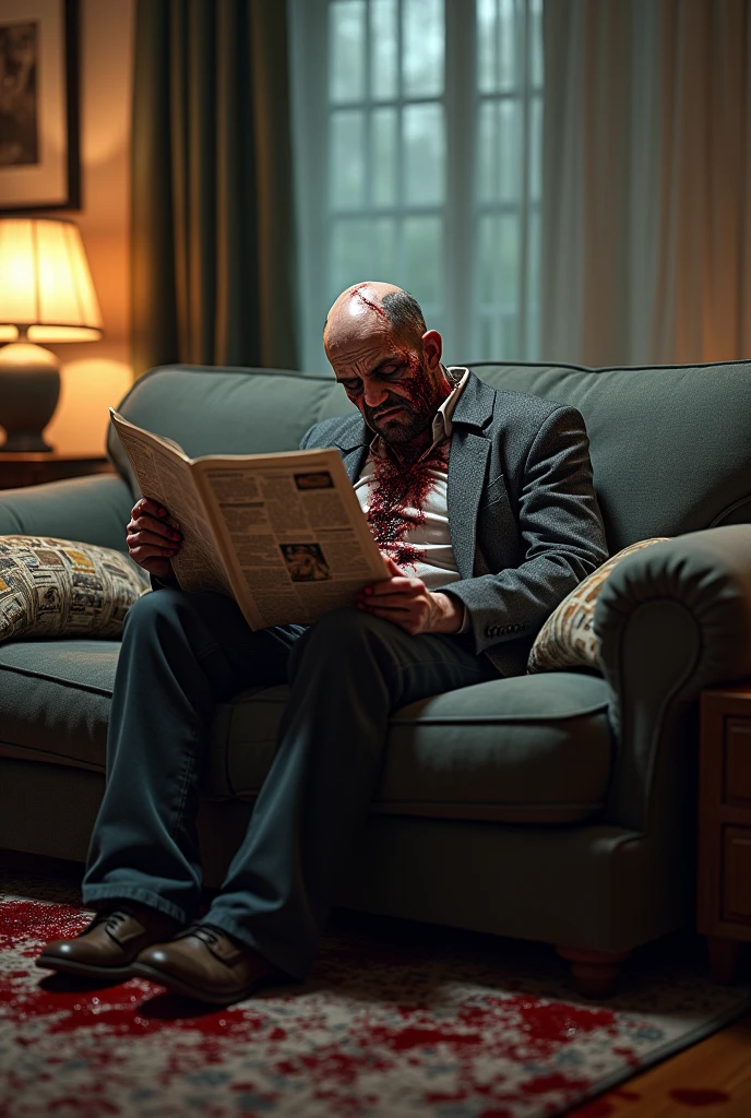 A bloody dead man sitting on a living room couch reading a newspaper, gore, nightmare 
