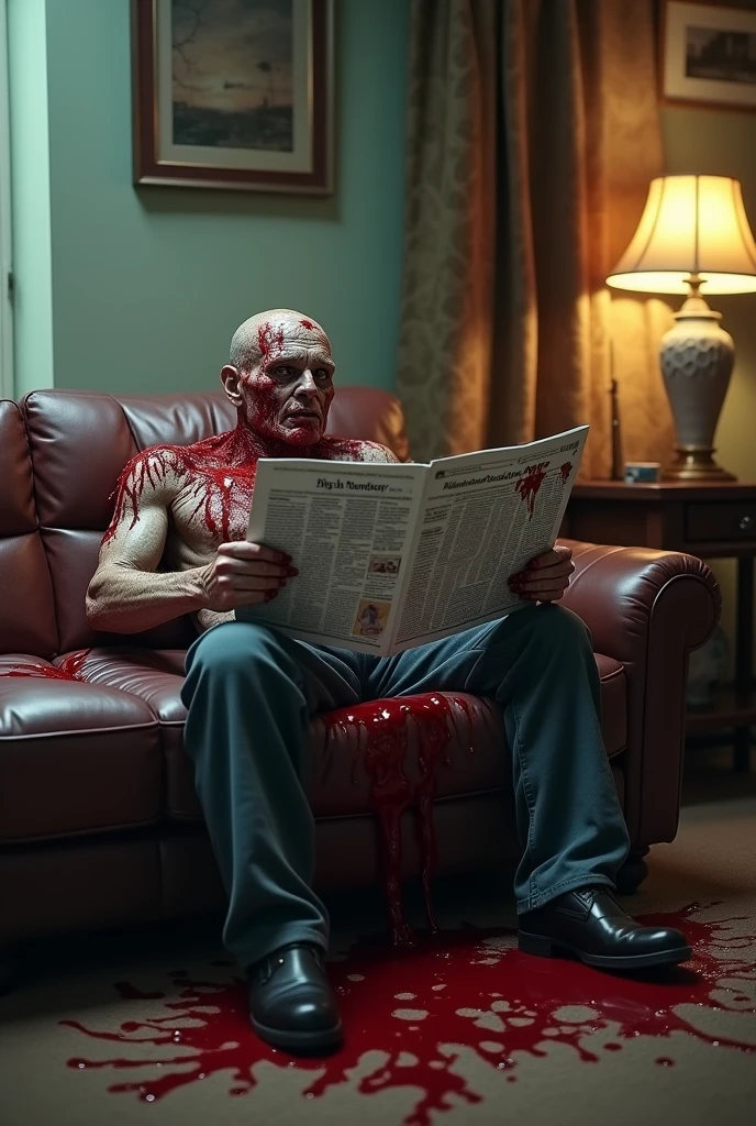 A bloody dead man sitting on a living room couch reading a newspaper, gore, nightmare