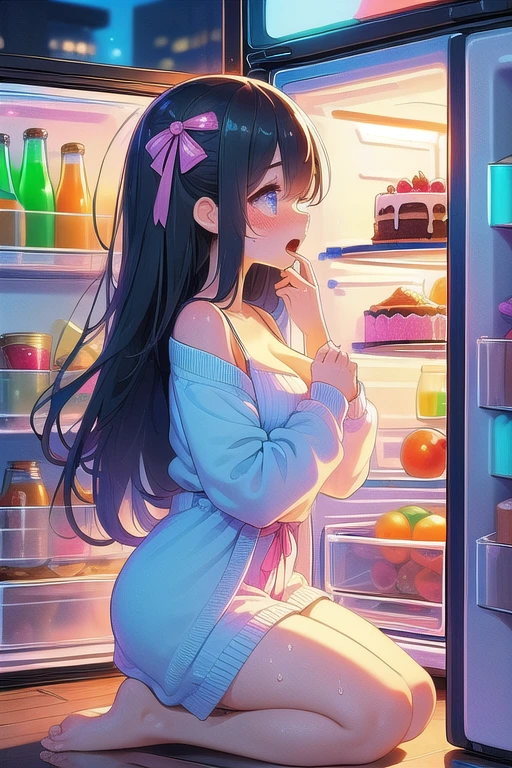 (((masterpiece))), (((Highest quality))), (((refrigerator))), ((Put your hand over your mouth)), From the side,  Shine, Colorful neon lights, cake, drink, Chiffon cardigan, ((evening)), ((dark)), alone, One person, ((seiza)), Barefoot, Cleavage, (Big Breasts), Hip, clavicle, ribbon, Long Hair, Open your mouth, Sweat, shy, blush, Slim figure, 