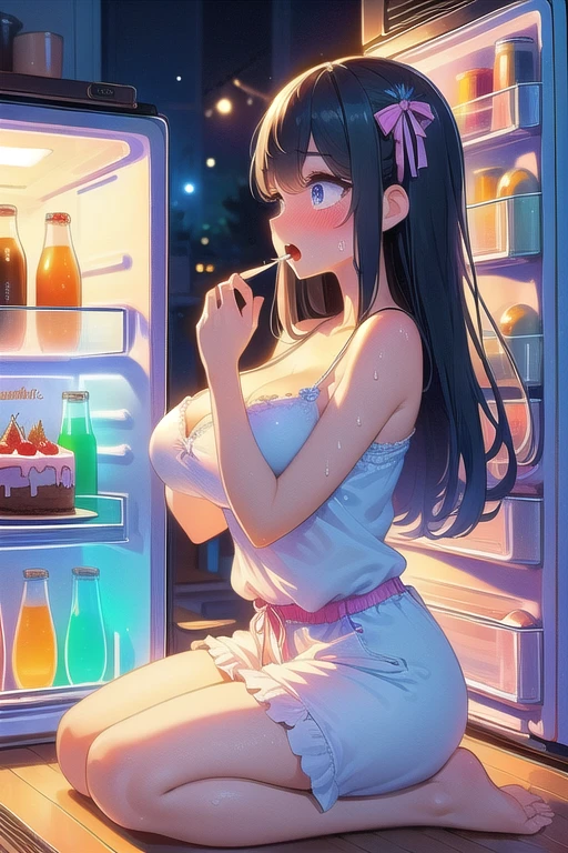 (((masterpiece))), (((Highest quality))), (((refrigerator))), ((Put your hand over your mouth)), From the side,  Shine, Colorful neon lights, cake, drink, Chiffon cardigan, ((evening)), ((dark)), alone, One person, ((seiza)), Barefoot, Cleavage, (Big Breasts), Hip, clavicle, ribbon, Long Hair, Open your mouth, Sweat, shy, blush, Slim figure, 