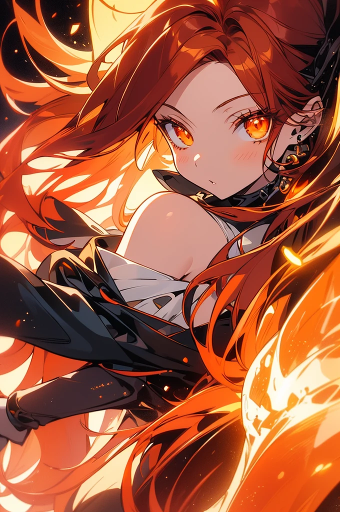(Dynamic angle), ultra-detailed, illustration, close-up, straight on, 1girl, ((long auburn hair, single fiery orange tail:1.4, glowing presence)), Her sharp yet gentle eyes shine softly