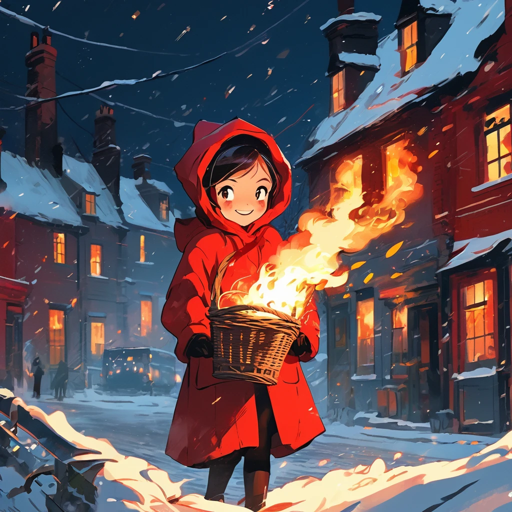 Bold brushstrokes, anime style illustration, midwinter night, crazy fun, cinematic lighting, 19th century, snowy night in London, burning house, one girl, The Little Match Girl watches the fire, she smiles with satisfaction and lights a match. She is wearing a red coat with a hood and carrying a basket of matchboxes under her arm.