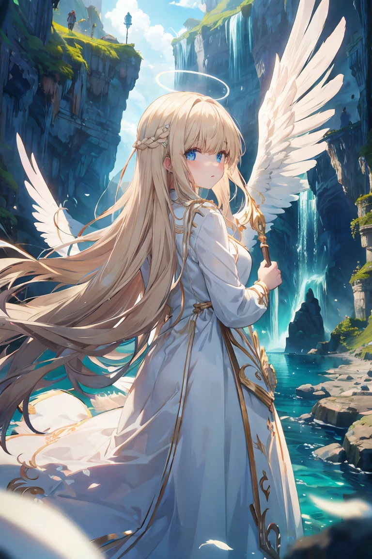 light brown long hair, straight hair, bangs, halo, perfect eyes, soft light, high quality, 4k resolution, ((angel)), ((An angel with wings on her back)), an angel descending from the sky, feathers scattered in the background, light shining, swan wings, swan feathers, blue cave in Italy, Blue Grotto (Capri)