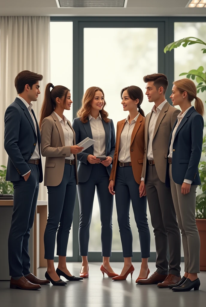 Help me create an image where there is a work team and there are women and men with a casual but elegant uniform. 
