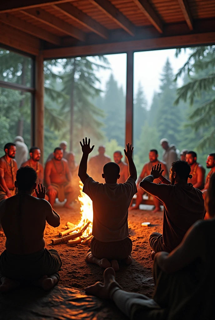 Video with group of men and indigenous people away from the screen, a large and spacious place with clothes blowing medicine tobacco with hands raised and around the campfire with vibrant colors ultra realistic in a closed place with glass sides with a view of the forest wider image without focusing too much on the face