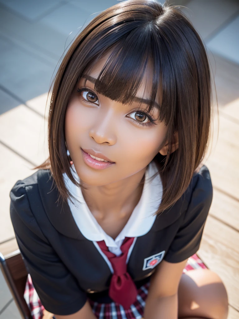 8k,best quality, masterpiece, ultra detailed, ultra high res, photorealistic, raw photo, absurdres, absolutely resolution, 1girl, full body, looking at viewer,a Japanese young pretty woman, hyper cute face, glamorous figure, large breasts,long bob hair,smile,(school uniform:1.3),beautiful eyes, ,windy, (  sitting ),glossy lips, double eyelids in both eyes, natural makeup, long eyelashes, shiny smooth light brown long bob hair, asymmetrical bangs, shiny skin, central image, high resolution, high detailing, detailed hairstyle, detailed face, spectacular movie lighting, octane rendering, vibrant, hyper realistic, perfect limbs, perfect  (dark skin:1.7 ) ( looking up from above ),( red cheek ), ( incoming kiss)
