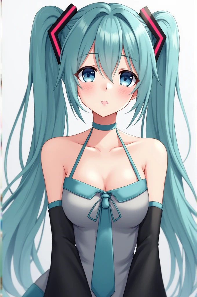 Naked Hatsune Miku、Hatsune Miku has light blue hair and twin tails、Blue eyes、The dress has a tie on it、Shoulders are out。Wearing false sleeves。