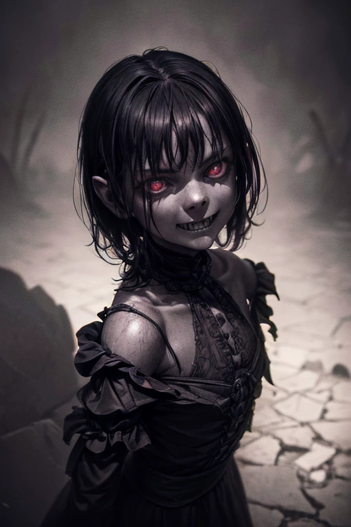 a creepy detailed little bogieman girl, long sharp teeth, dark shadowy eyes, sinister smile, dark mysterious background, dark eerie atmosphere, dramatic chiaroscuro lighting, dark fantasy, gothic, horror, (best quality,4k,8k,highres,masterpiece:1.2),ultra-detailed,(realistic,photorealistic,photo-realistic:1.37)