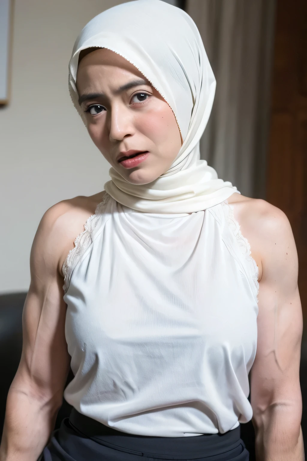 ((Pencil Skirt)), (Pencil Singlet), (Arm Muscles:1.7), ((Neck Lace)), ((6x-UltraSharp)), Milf Bitch, ((Singlet)), Straddling, ((Naked white)), ((Old Lady :1.6)), Very cute like a Matured Lady, ((Stylo Stylish Hijab)), adorable, 2 girl, 55 years old, baby face, shy, half body portrait, ((ANGRY FACE EXPRESSION)), (face details: 1), (eye details: 1), Cute posed. proportional body. Ultra High Res. (realistic: 2), UHD, Tiny breasts