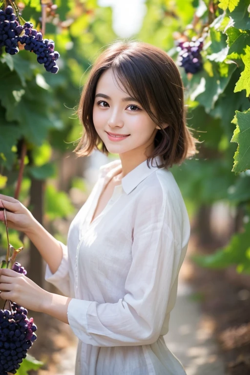 Vineyard、Large grape fruits、Bunches of grapes、Grape leaves、Decorative、Art Nouveau、Medieval Europe、French linen white shirt、Roll up your sleeves、Smile a little、masutepiece、Highest quality、8k、One person、20-year-old、whole body、solo、Delicate、Neat and clean beauty、Raw Photos、Professional photos、Portrait、Soft Light、Professional Lighting、Backlight、I look forward to seeing you、Sophisticated、Film Grain、(detailed:1.0&#39;s eyes and face)、Medium length floating hair、Beautiful flowing hair