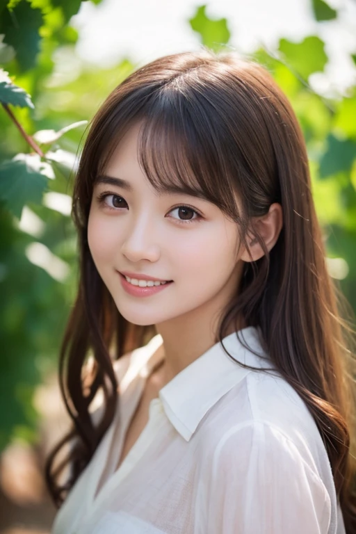Vineyard、Large grape fruits、Bunches of grapes、Grape leaves、Decorative、Art Nouveau、Medieval Europe、French linen white shirt、Roll up your sleeves、Smile a little、masutepiece、Highest quality、8k、One person、20-year-old、whole body、solo、Delicate、Neat and clean beauty、Raw Photos、Professional photos、Portrait、Soft Light、Professional Lighting、Backlight、I look forward to seeing you、Sophisticated、Film Grain、(detailed:1.0's eyes and face)、Medium length floating hair、Beautiful flowing hair