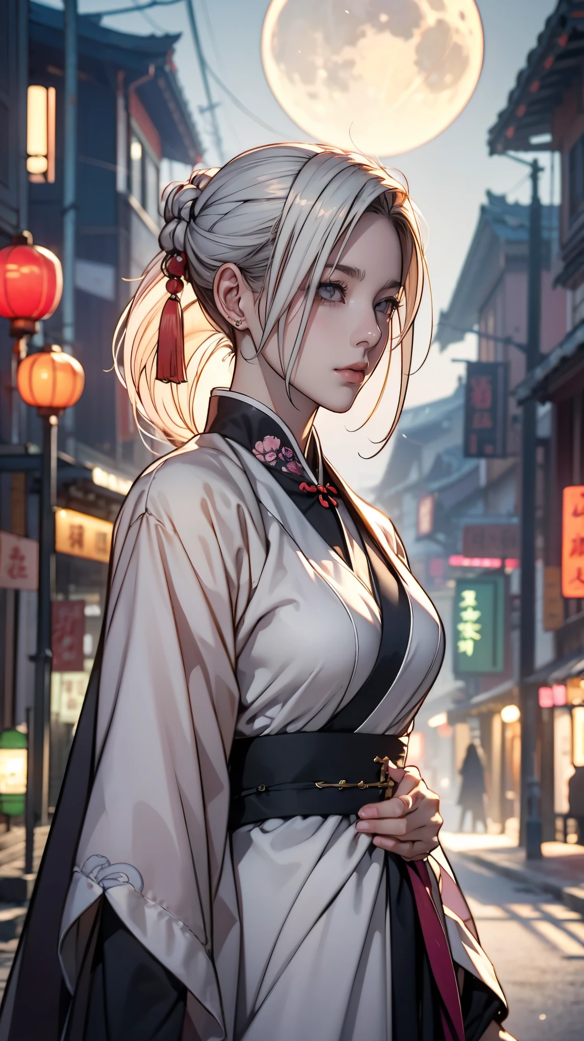 masterpiece, Highest, night, full moon, 1 female, Mature Woman, Chinese style, ancient China, sister, Royal Sister, Cold Face, Expressionless, A woman with long silvery white hair, Pale pink lips, Calm, intellectual, Slieban, Gray Hitomi, assassin, Long sword, Swordsman, Finding, Street view, Facial details,