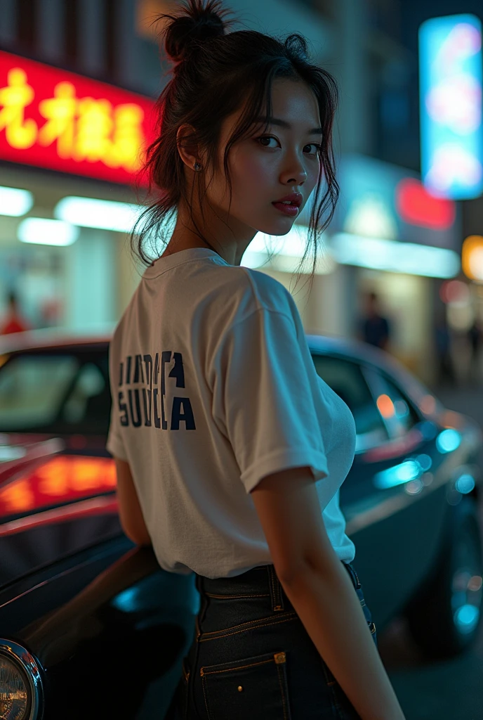 Japanese woman posing next to a car,model、 ("BUDDICA" It is written there),Look away from the viewer, T-Shirts, Cinema Lighting, Shine、Great view point