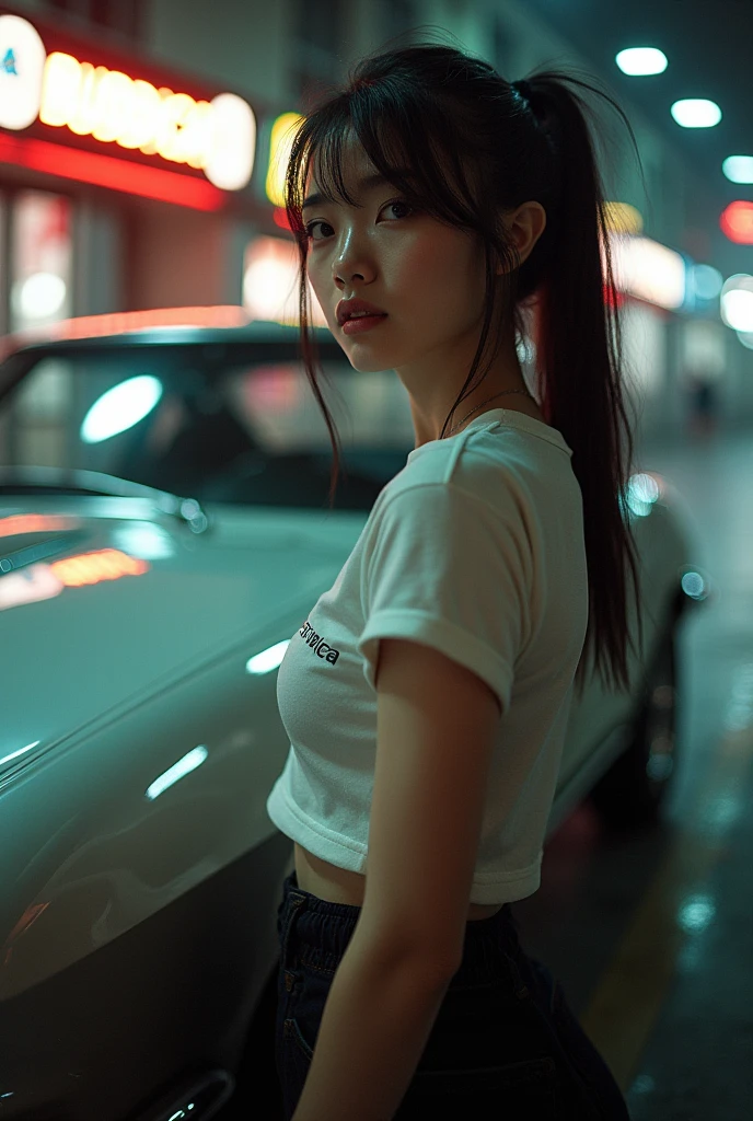 Japanese woman posing next to a car,model、 ("BUDDICA" It is written there),Look away from the viewer, T-Shirts, Cinema Lighting, Shine、Great view point